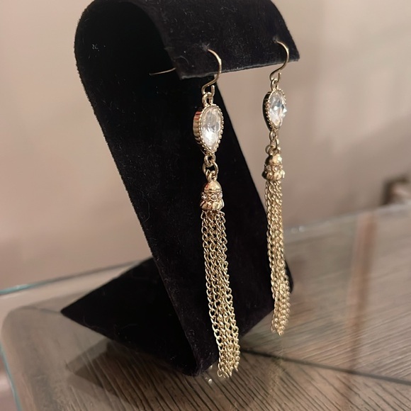 Boutique Style Long Dangle Chain Rhinestone Earrings, Gold-tone - Picture 3 of 15